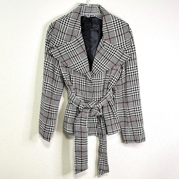 LAPIS ANTHROPOLOGIE Wool Blend Coat Womens L Black Houndstooth Large Lapel Y2K - Picture 1 of 14